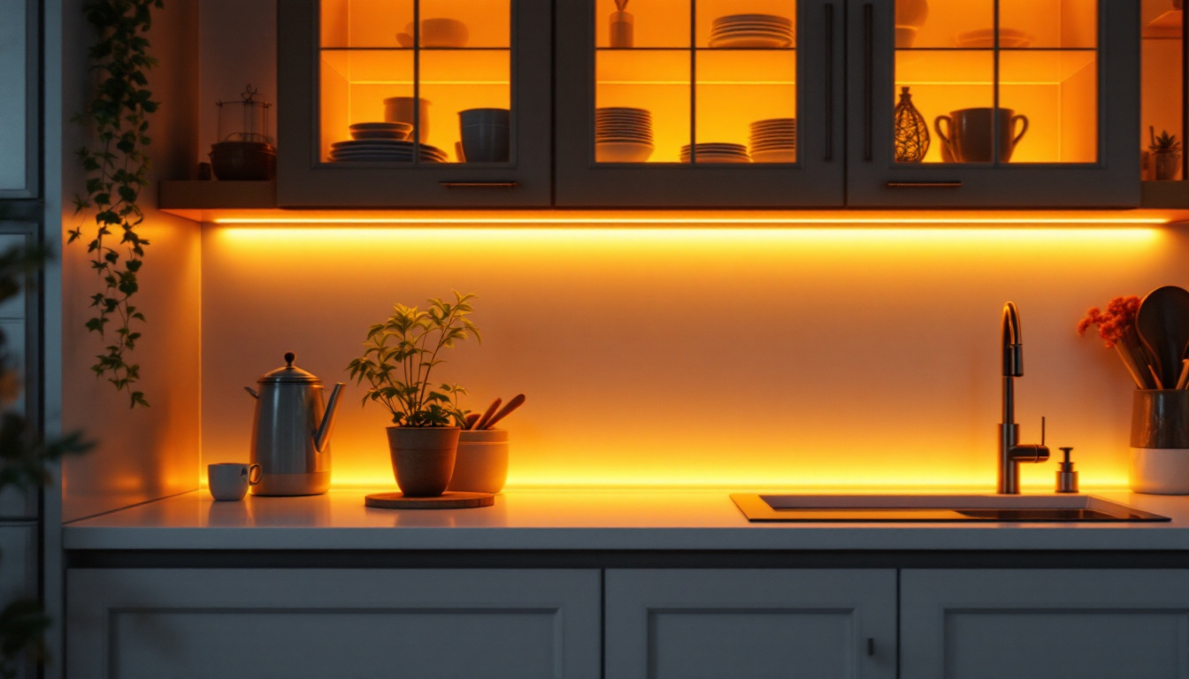 A photograph of capture a photograph of a stylish kitchen with warm led under cabinet lights illuminating the countertop