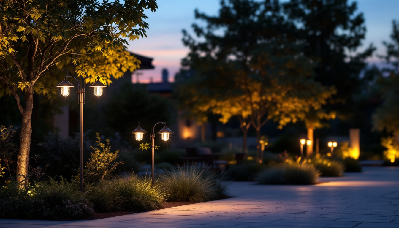 A photograph of a beautifully illuminated outdoor space featuring elegant pole lights