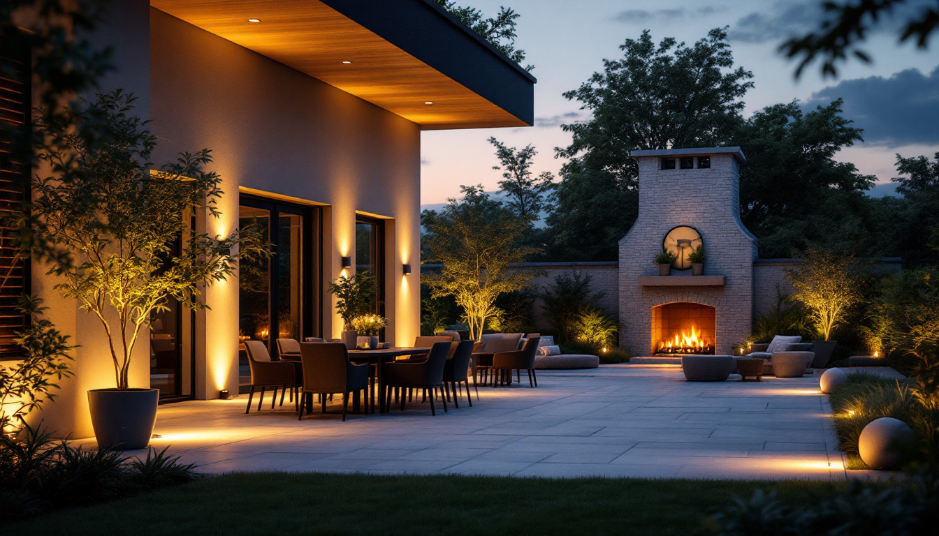 A photograph of a beautifully designed outdoor space featuring exterior recessed lighting that highlights architectural elements and enhances the ambiance during twilight