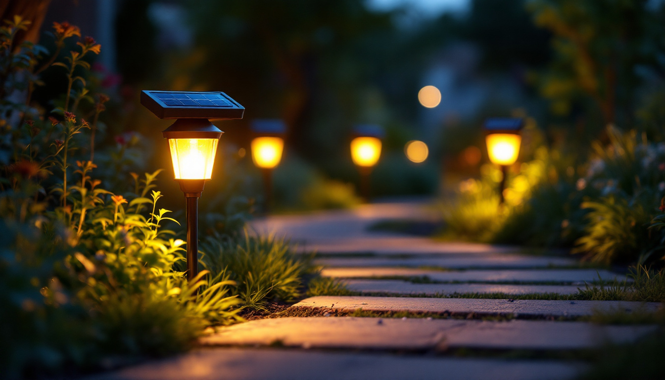 A photograph of a serene outdoor scene featuring beautifully illuminated solar landscaping lights highlighting a garden path or flower bed at dusk