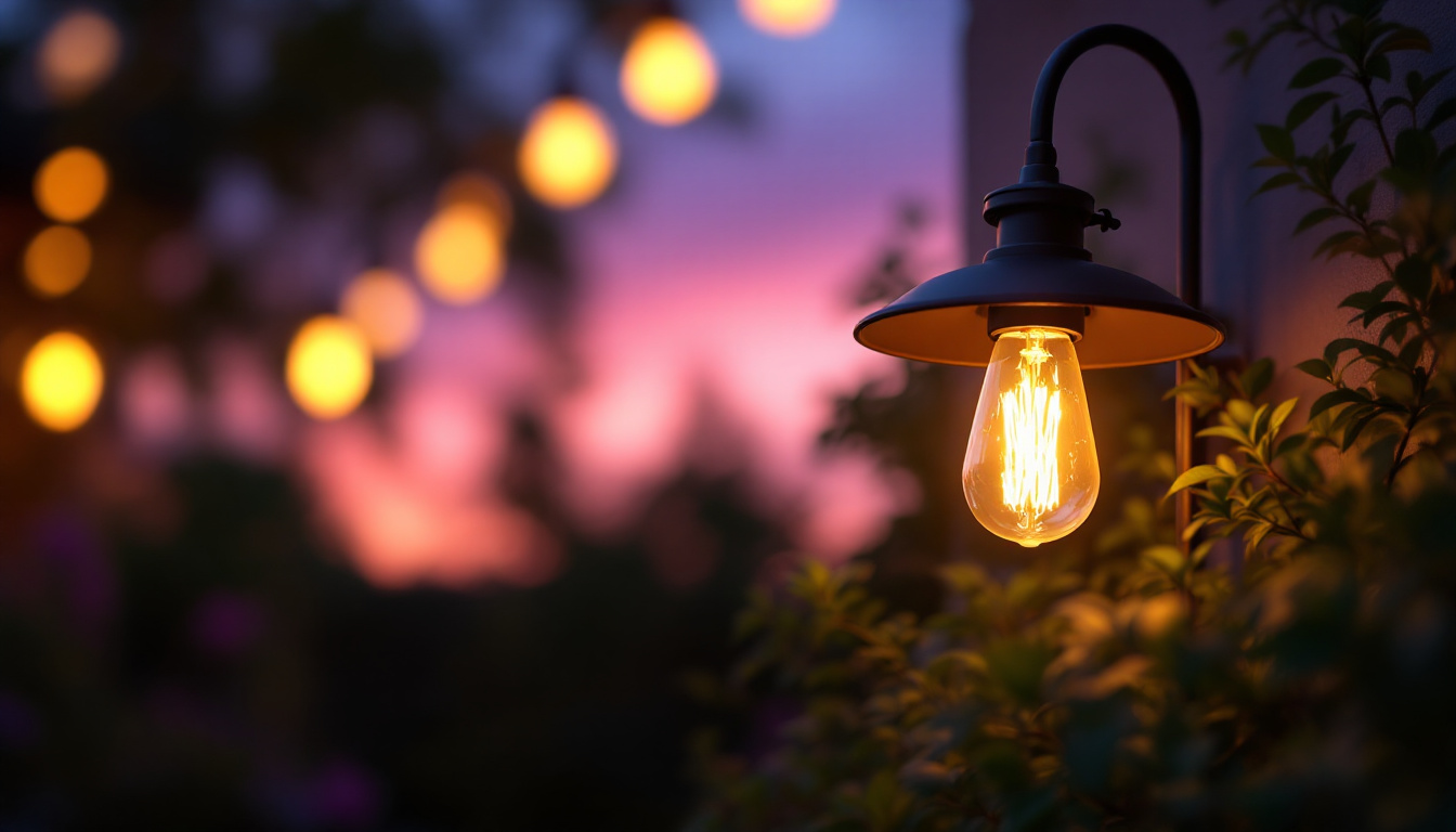 A photograph of a beautifully lit outdoor scene featuring a stylish outdoor light fixture with a glowing bulb