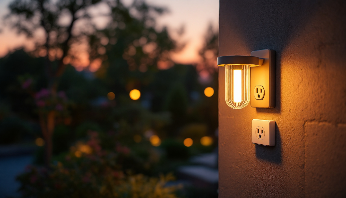 A photograph of capture a photograph of an aesthetically pleasing outdoor light fixture with an integrated outlet