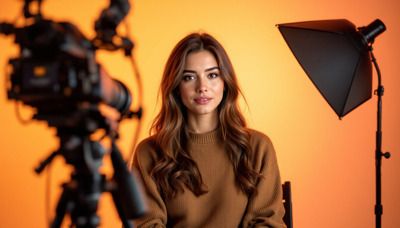 A photograph of a well-lit talking head setup featuring a subject in front of a camera