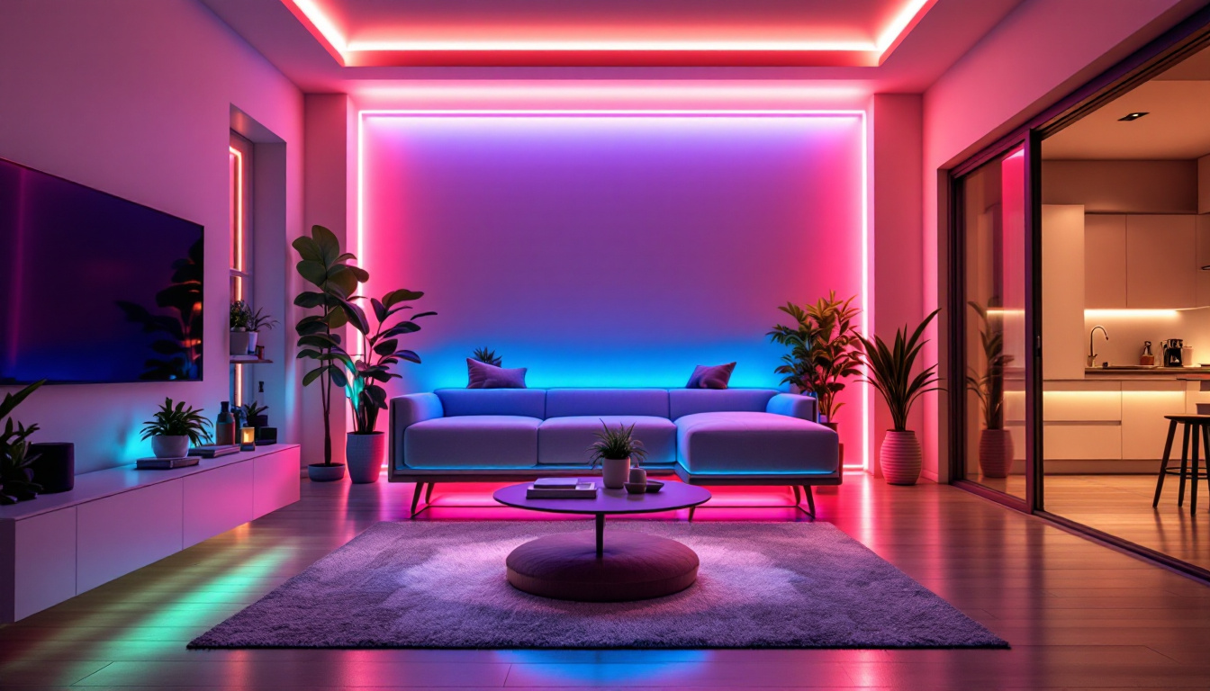 A photograph of a beautifully arranged scene featuring vibrant led strip lighting in various settings
