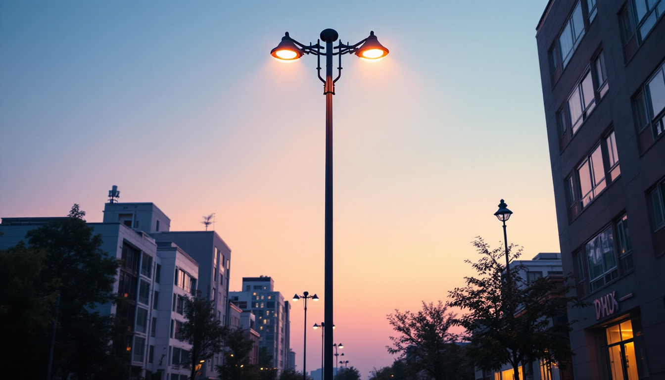 A photograph of a typical street light pole standing in an urban setting