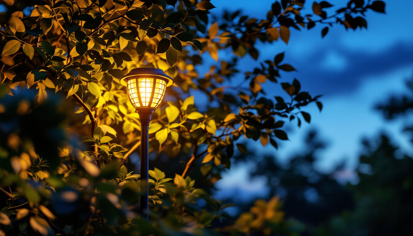 A photograph of a beautifully illuminated solar tree spotlight in a serene outdoor setting at dusk