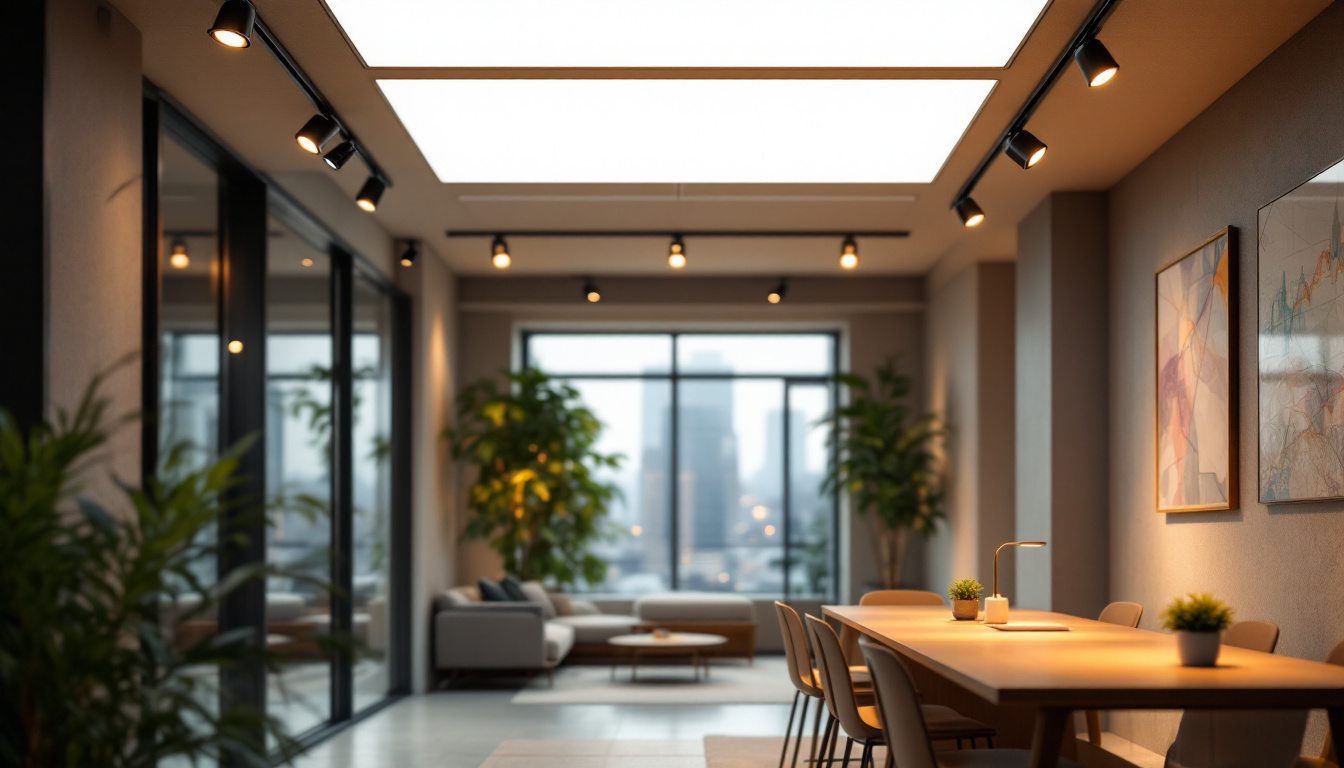 A photograph of a modern interior space featuring sleek led track lights illuminating various areas