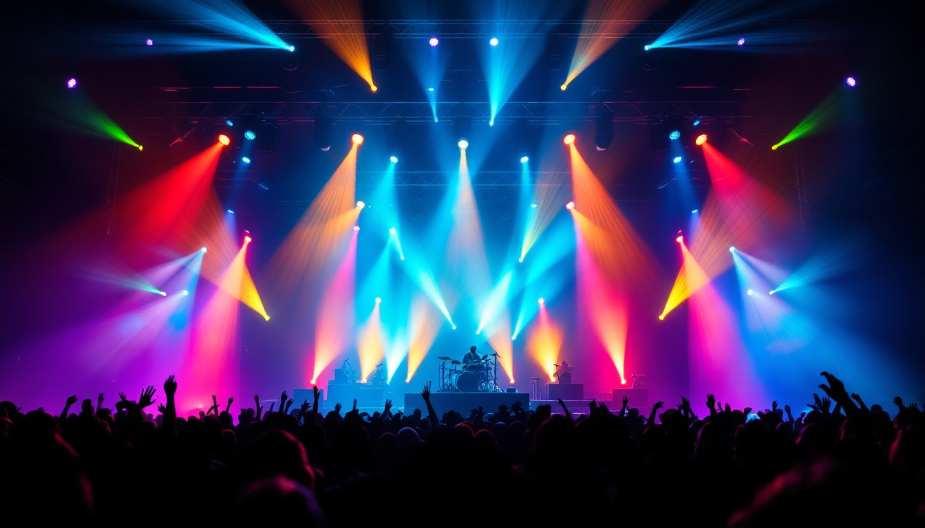 A photograph of capture a photograph of an array of concert lighting fixtures in action during a live performance