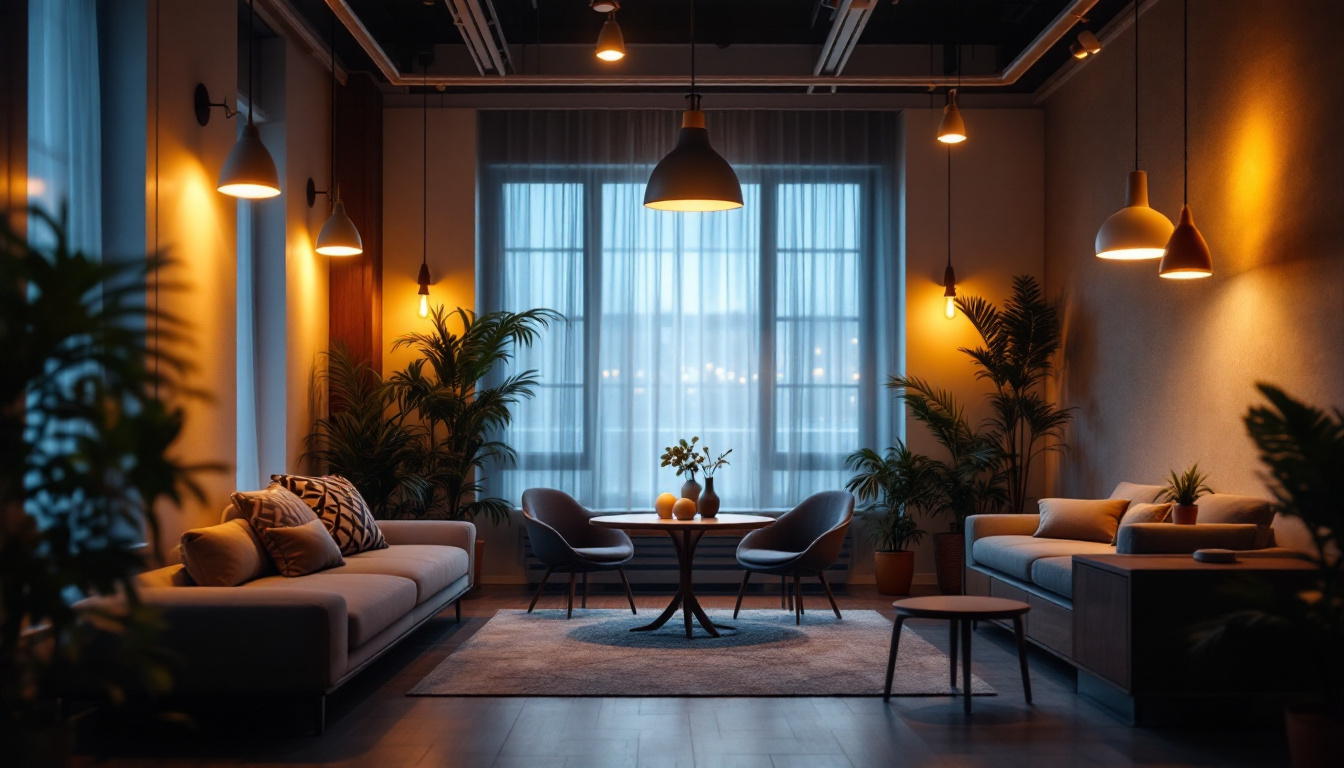 A photograph of a beautifully lit indoor space showcasing a variety of lighting fixtures