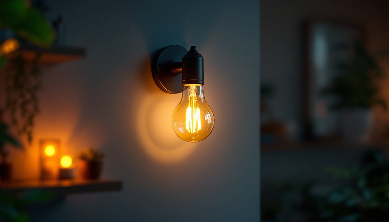 A photograph of a stylish bulb wall lamp illuminated in a cozy interior setting
