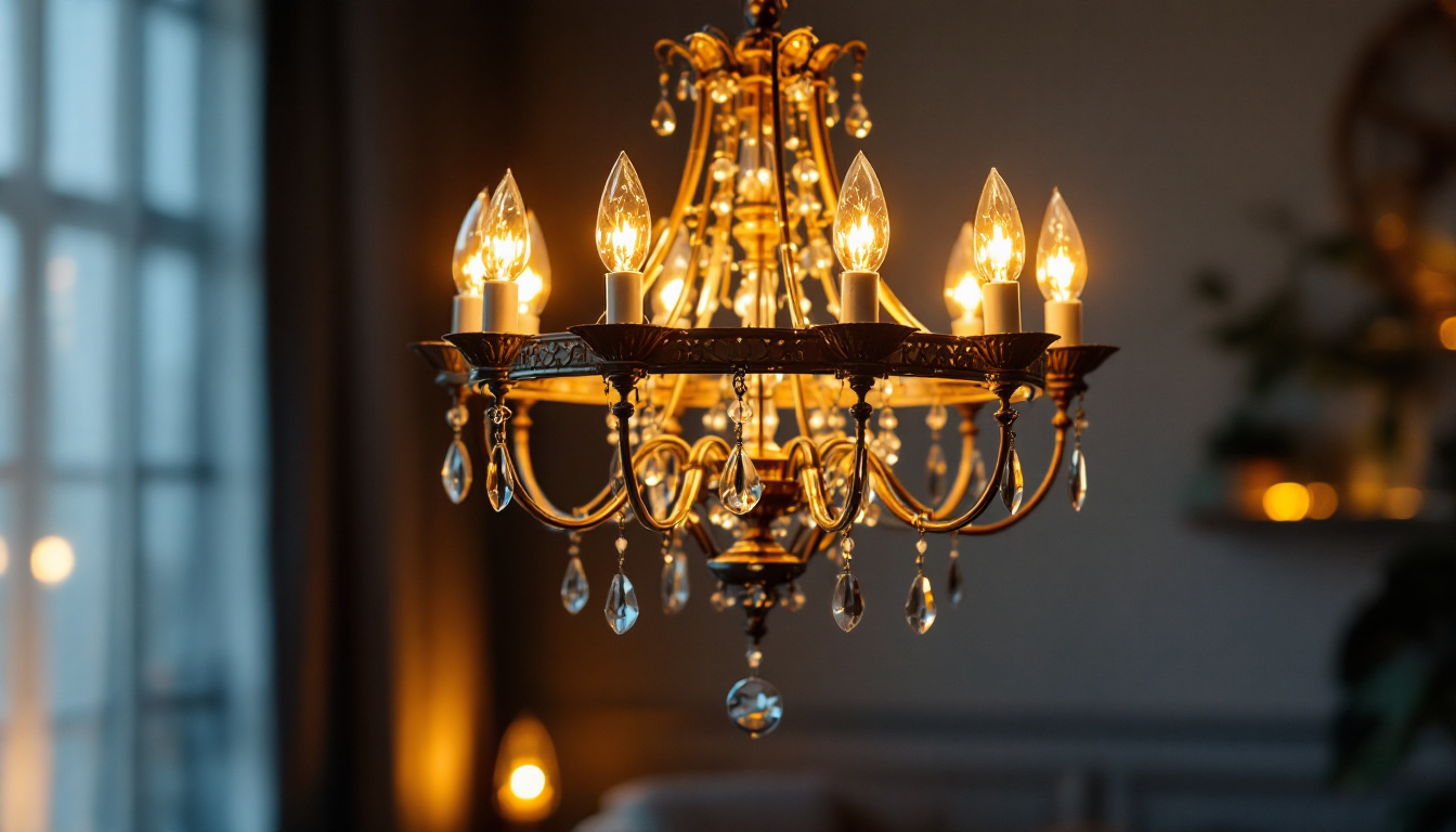 A photograph of a beautifully designed chandelier illuminated in a stylish interior setting