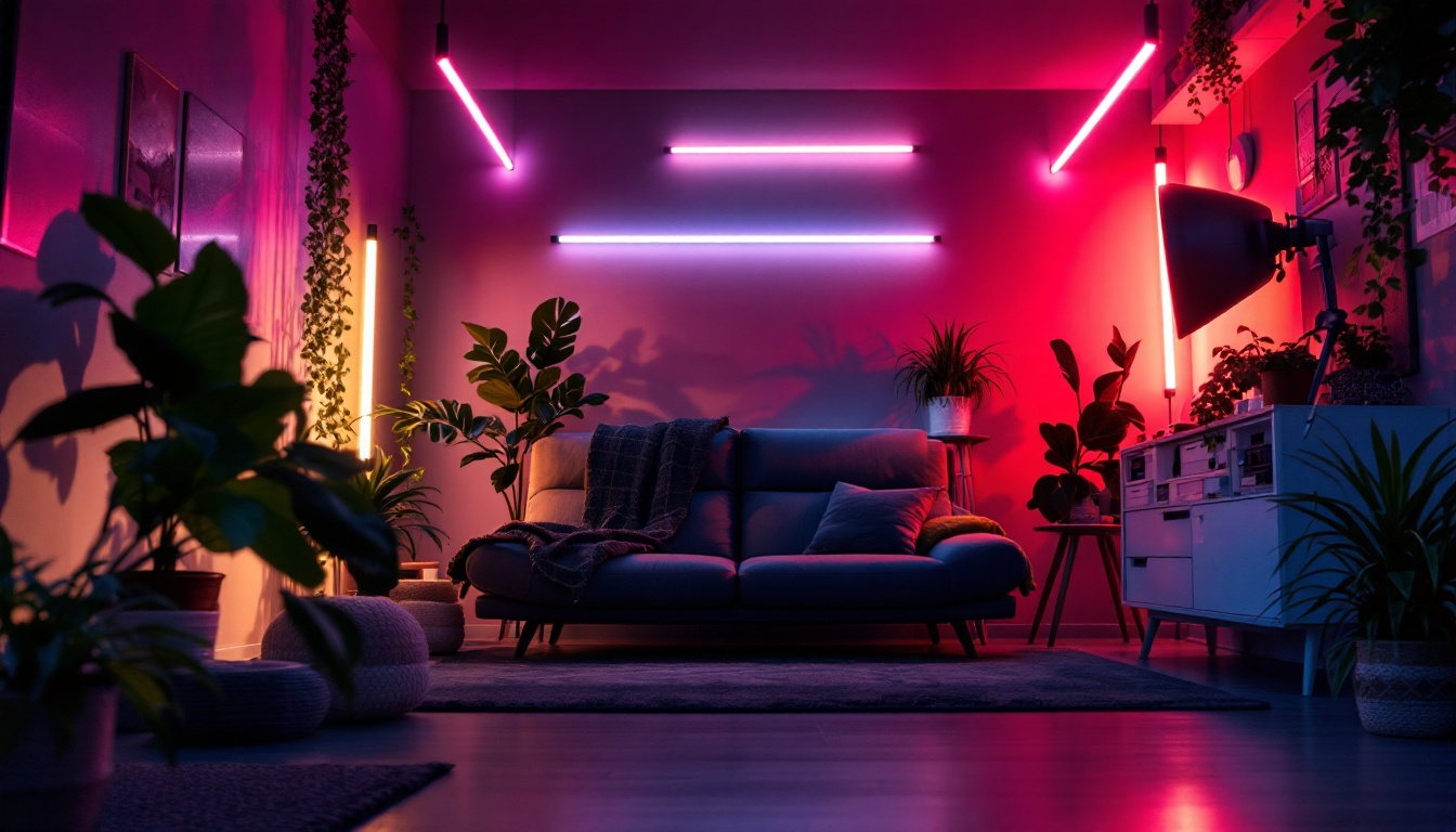 A photograph of a modern workspace or living area illuminated by vibrant fluorescent light fixtures