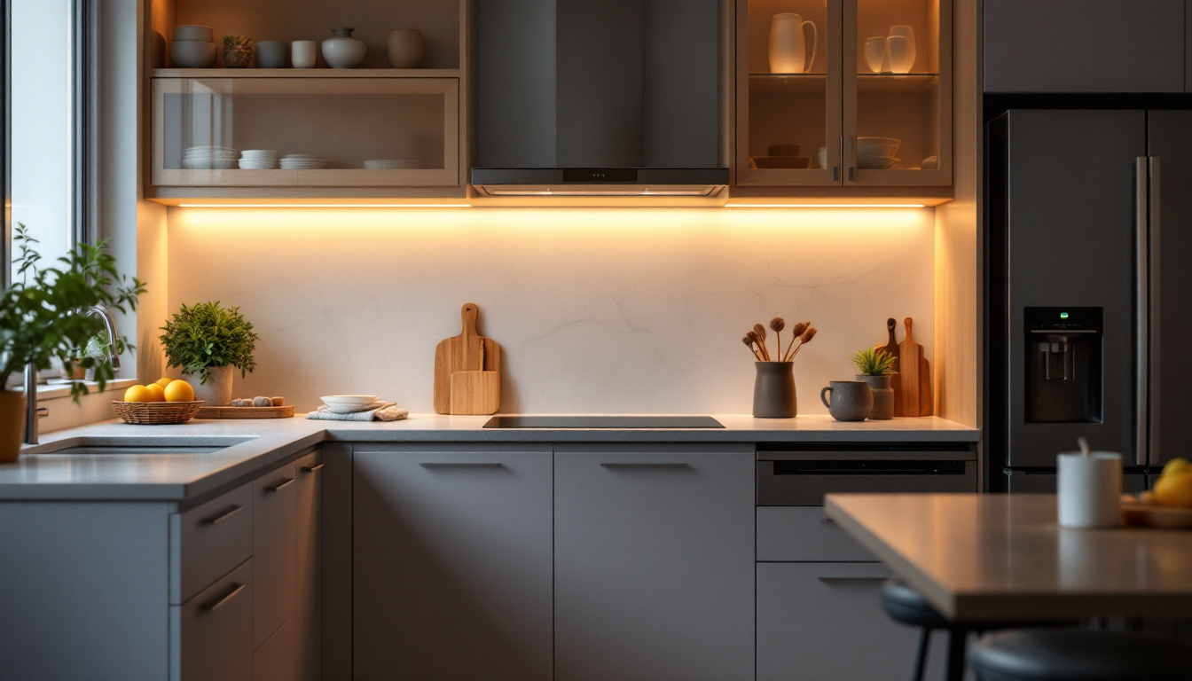A photograph of a beautifully lit kitchen showcasing under cabinet led lighting