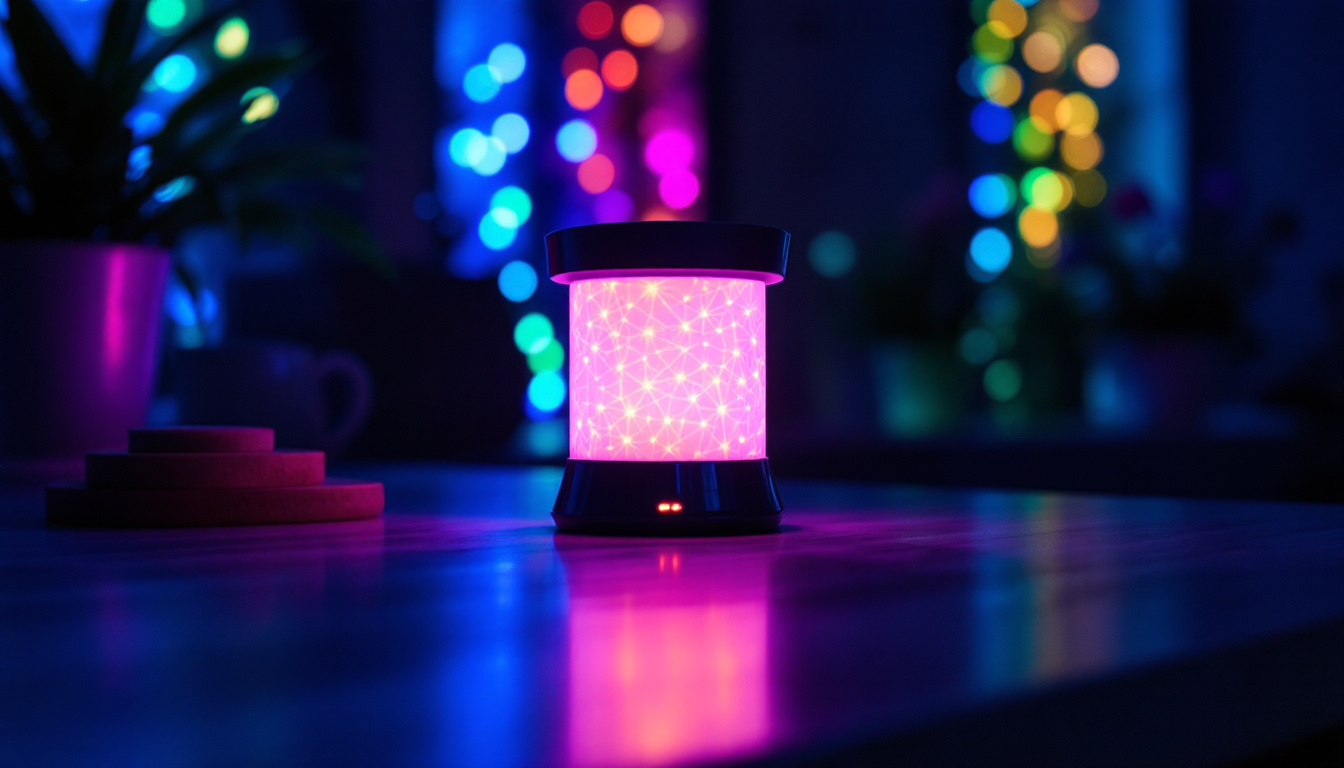 A photograph of a glowing ultraviolet lamp in a dimly lit environment