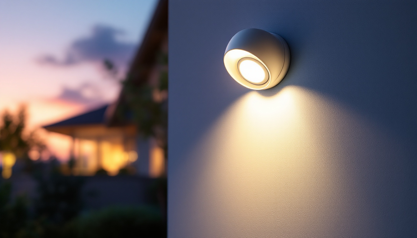 A photograph of a well-lit outdoor space featuring an attractive security light illuminating a pathway or entrance at dusk