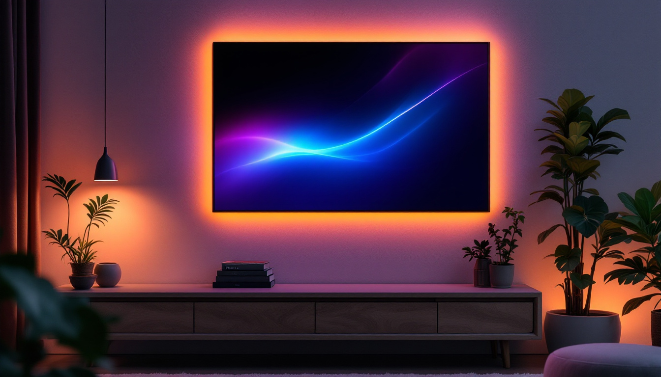 A photograph of a stylishly designed wall-mounted smart panel featuring led strips