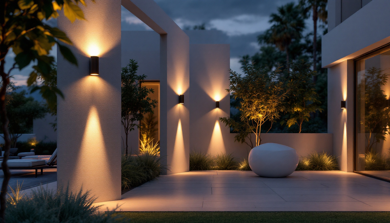 A photograph of an aesthetically pleasing outdoor space illuminated by stylish wall lights at dusk