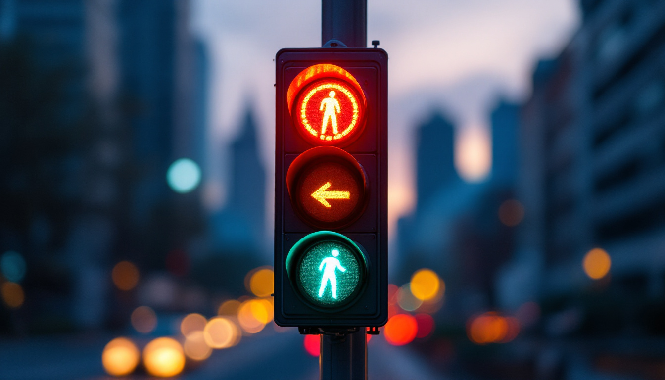 A photograph of a vibrant traffic light at dusk
