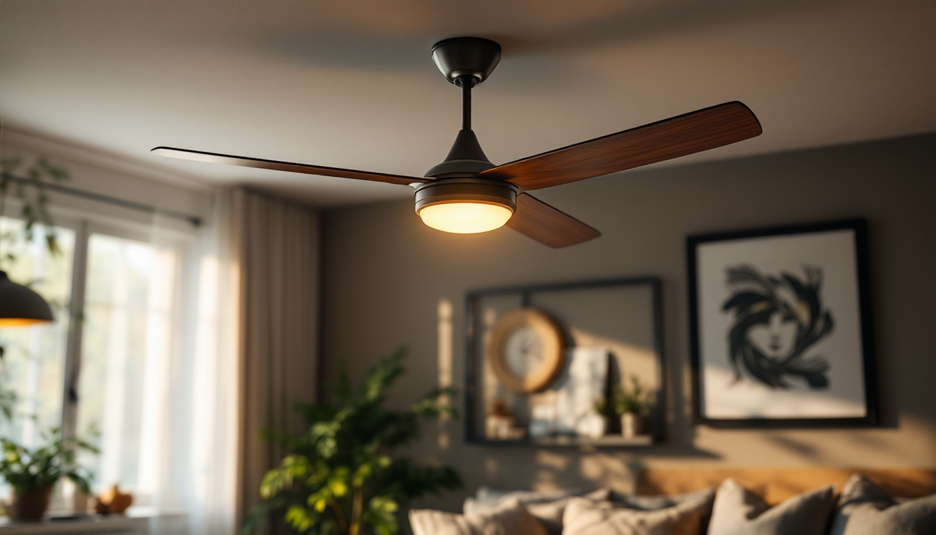 A photograph of a stylish ceiling fan with an integrated light fixture