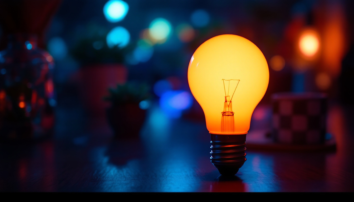 A photograph of a vibrant fluoresent bulb glowing in a dimly lit environment