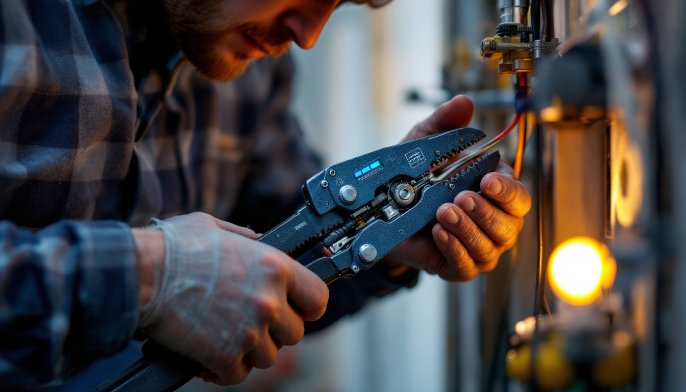 A photograph of a skilled technician using a wire puller in a well-lit environment