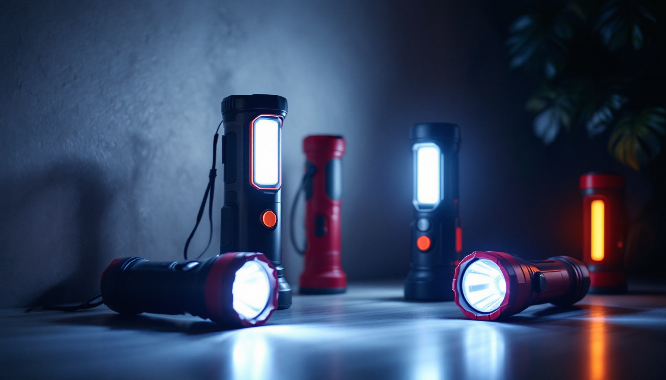 A photograph of a well-lit scene featuring a variety of energy star emergency flashlights in use during a simulated power outage