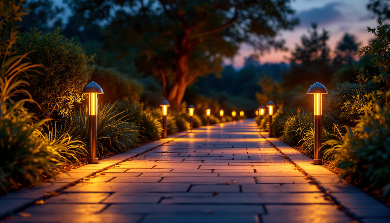 A photograph of a beautifully illuminated outdoor pathway lined with stylish pathway lights