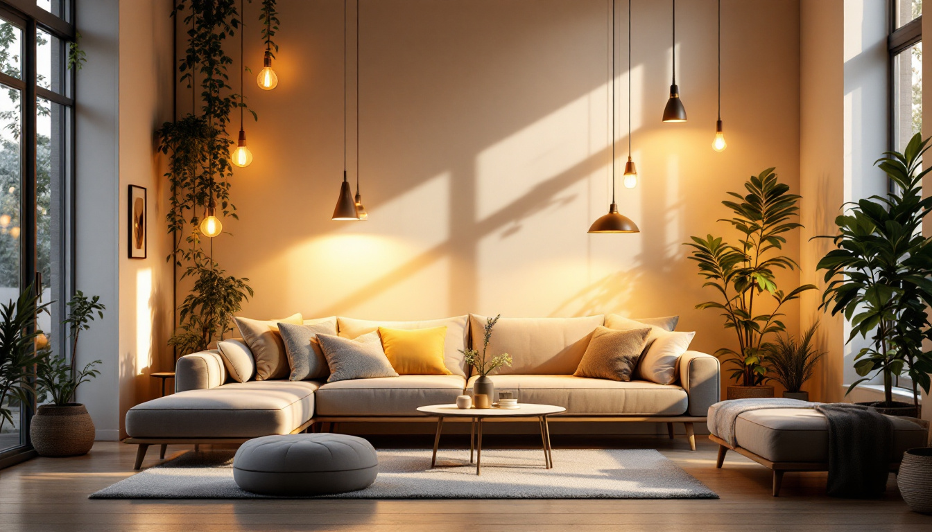 A photograph of a beautifully arranged indoor space illuminated by various types of lighting fixtures