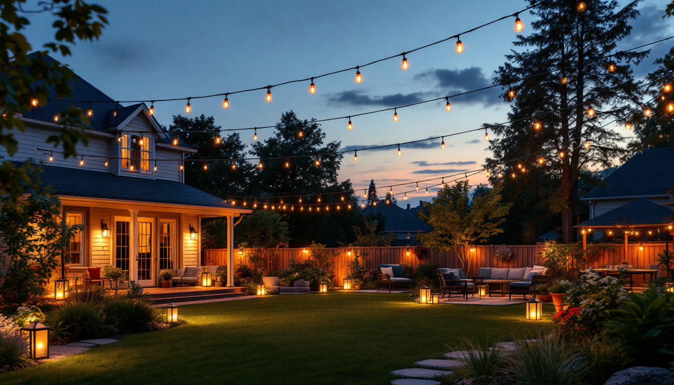 A photograph of a beautifully illuminated backyard scene at dusk