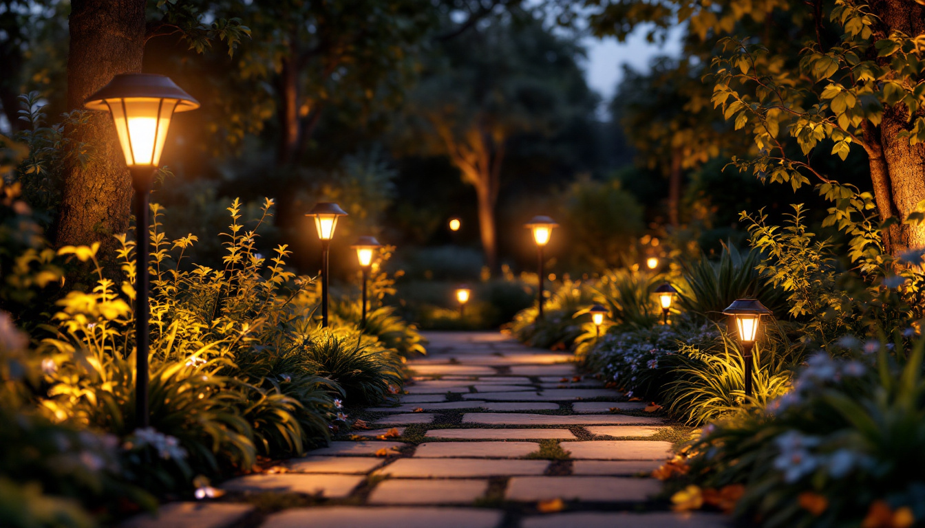 A photograph of a beautifully illuminated garden at dusk