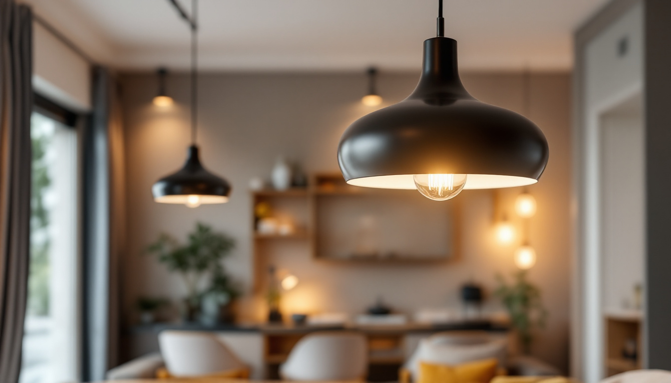 A photograph of a stylish modern pendant lamp hanging in a beautifully designed interior space