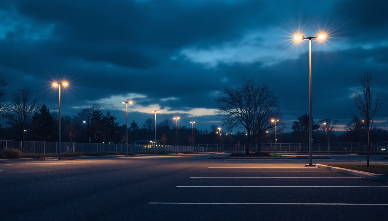A photograph of a well-lit parking lot at dusk