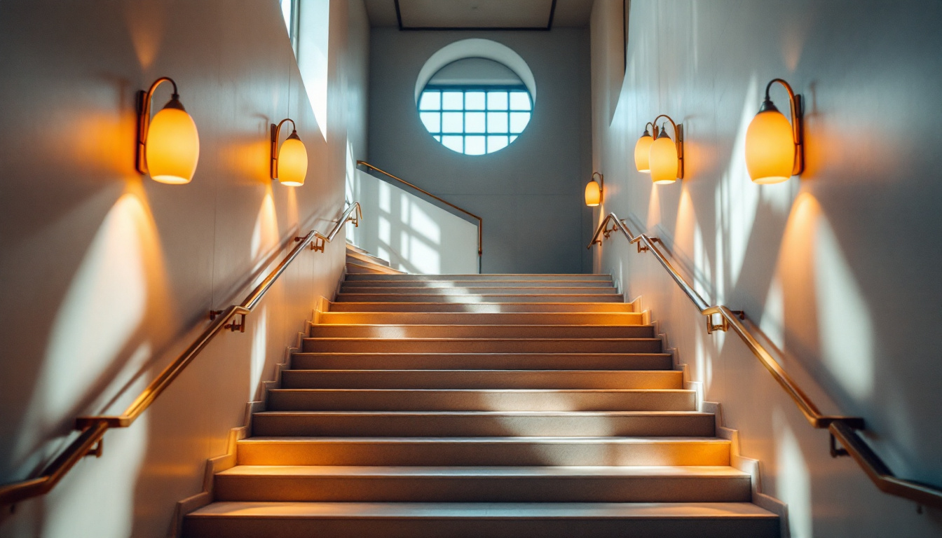A photograph of a beautifully illuminated stairwell