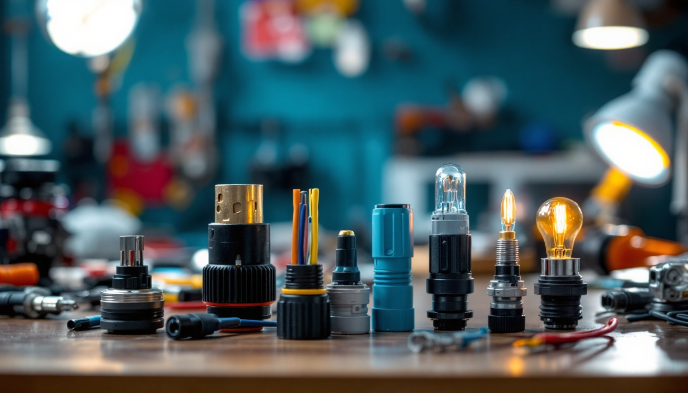 A photograph of a close-up shot of various types of wiring connectors used in lighting applications