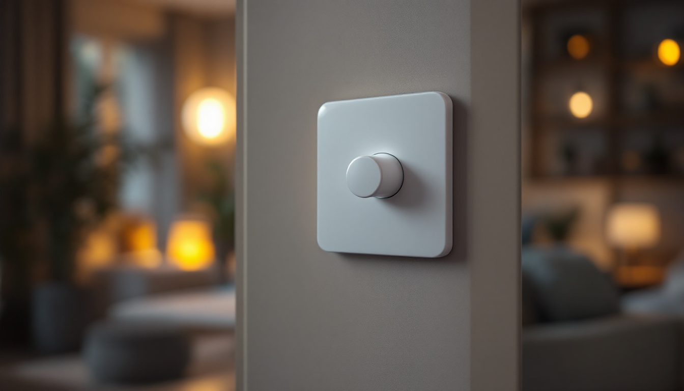 A photograph of a modern smart dimmer switch installed on a stylish wall