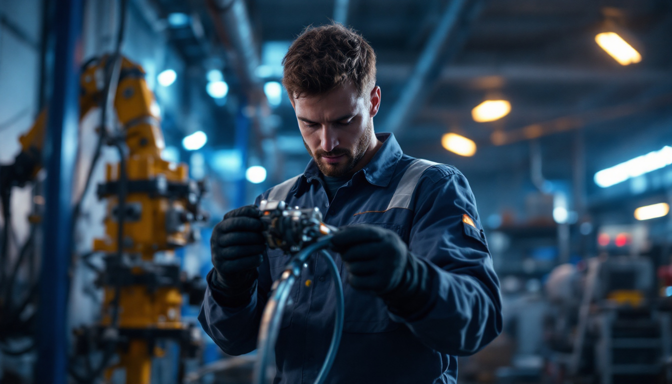 A photograph of a skilled technician using a cable puller in an industrial setting