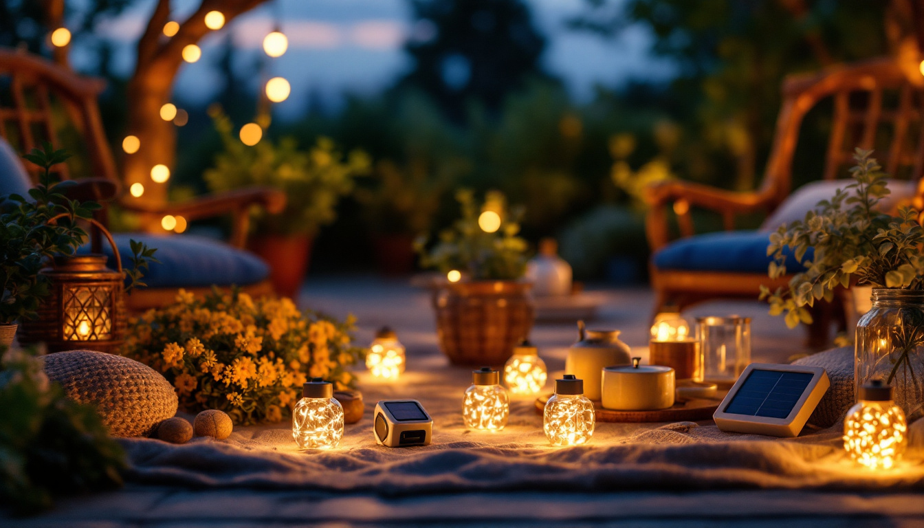 A photograph of a beautifully arranged scene featuring various types of battery-operated or solar-powered lights in a cozy outdoor setting