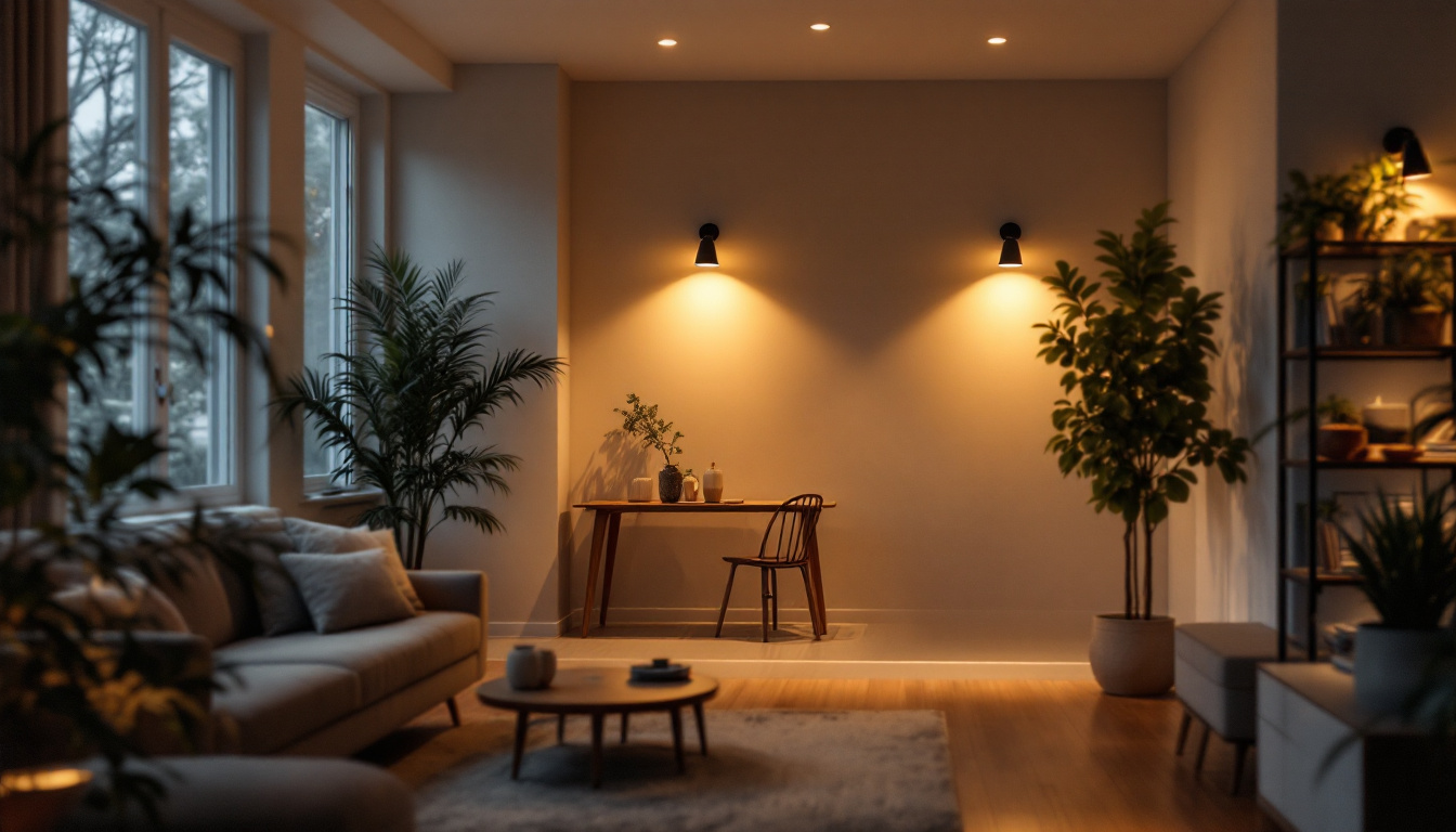 A photograph of a well-lit indoor space featuring motion detector lights in action