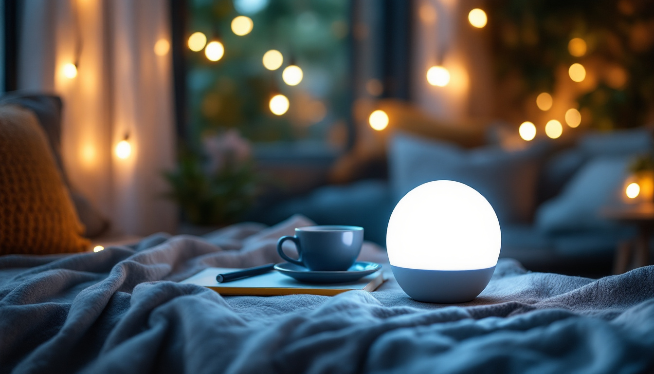 A photograph of a stylishly arranged portable light in a cozy