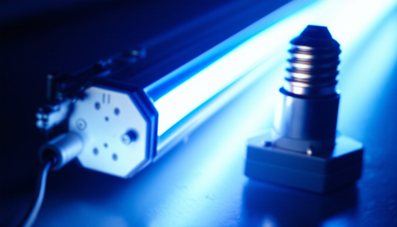 A photograph of a close-up of a fluorescent lamp ballast alongside a lit fluorescent tube