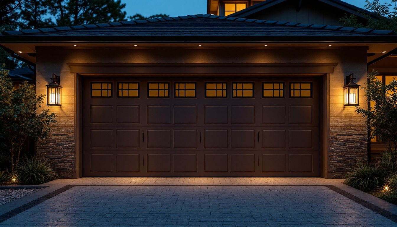 A photograph of a stylish garage door adorned with elegant lanterns illuminated at dusk