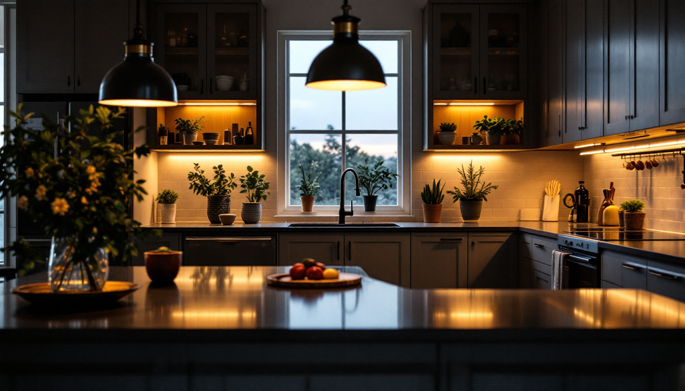 A photograph of capture a photograph of a beautifully designed kitchen illuminated by a variety of stylish lighting fixtures