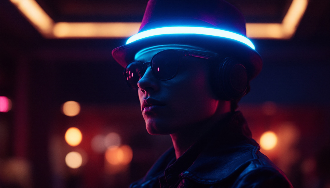 A photograph of a stylish individual wearing the new led lights hat in a dimly lit environment