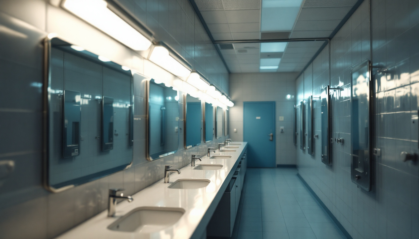 A photograph of a well-lit school bathroom