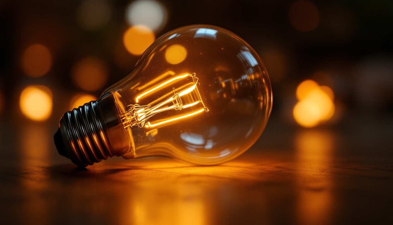 A photograph of a close-up of a light bulb with a twist base illuminated in a warm glow