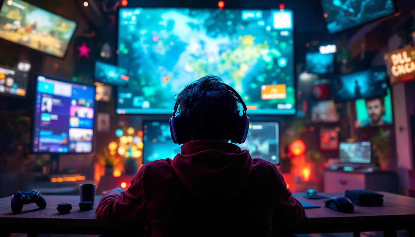 A photograph of a gamer immersed in a vibrant gaming environment