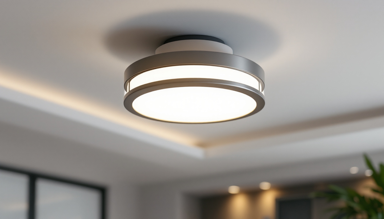 A photograph of a stylish flush ceiling light fixture in a well-lit room