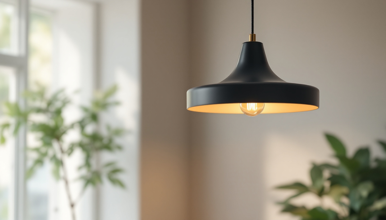 A photograph of a stylish modern hanging light fixture in a beautifully designed interior setting