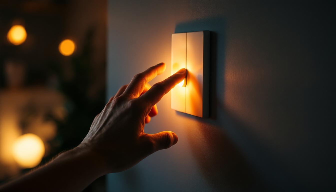 A photograph of a hand reaching to flip a light switch on or off in a warmly lit room