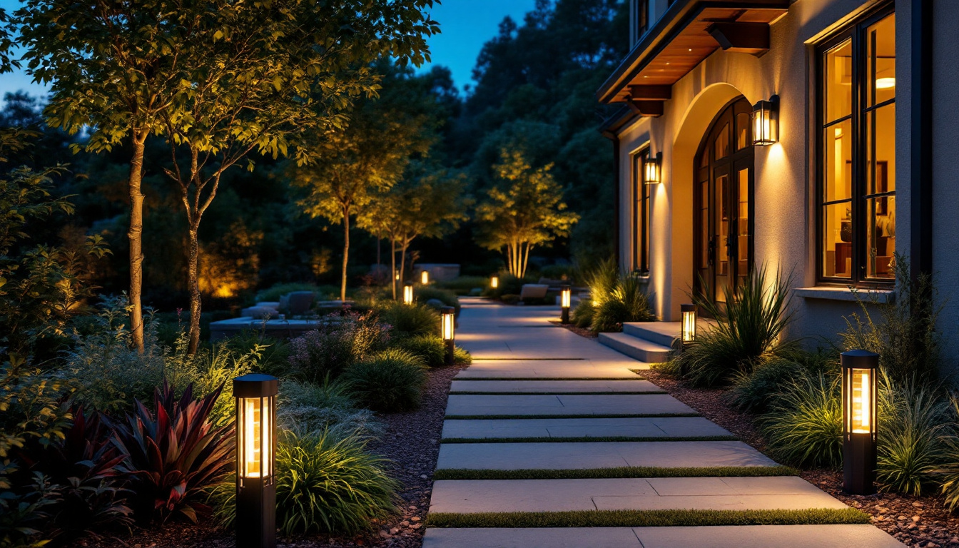 A photograph of capture a photograph of a beautifully landscaped exterior setting at dusk